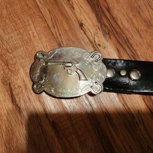 Black ACDC leather belt with silver gun western style buckle